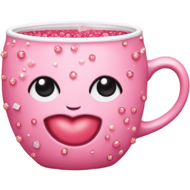 soft pink mug filled with steaming hot raspberry tea, decorated with blush pink pearl and sparkly embellishments (aesthetic, cute) emoji