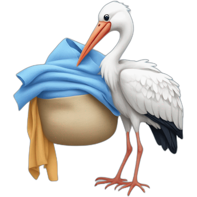 White stork carrying a blue bundle of cloth in its beak that has a human baby with and the human baby head is peeking from the fabric bundle the strok is carrying with its beak emoji