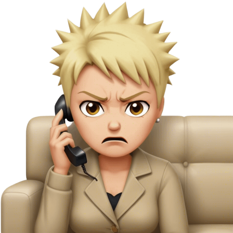 Short Blonde spikey mature woman on the phone angry sat on the sofa emoji