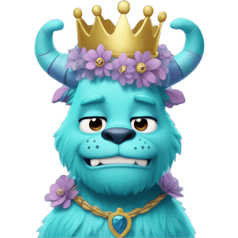 sully from monster and co in a cute version with a crown and flowers emoji