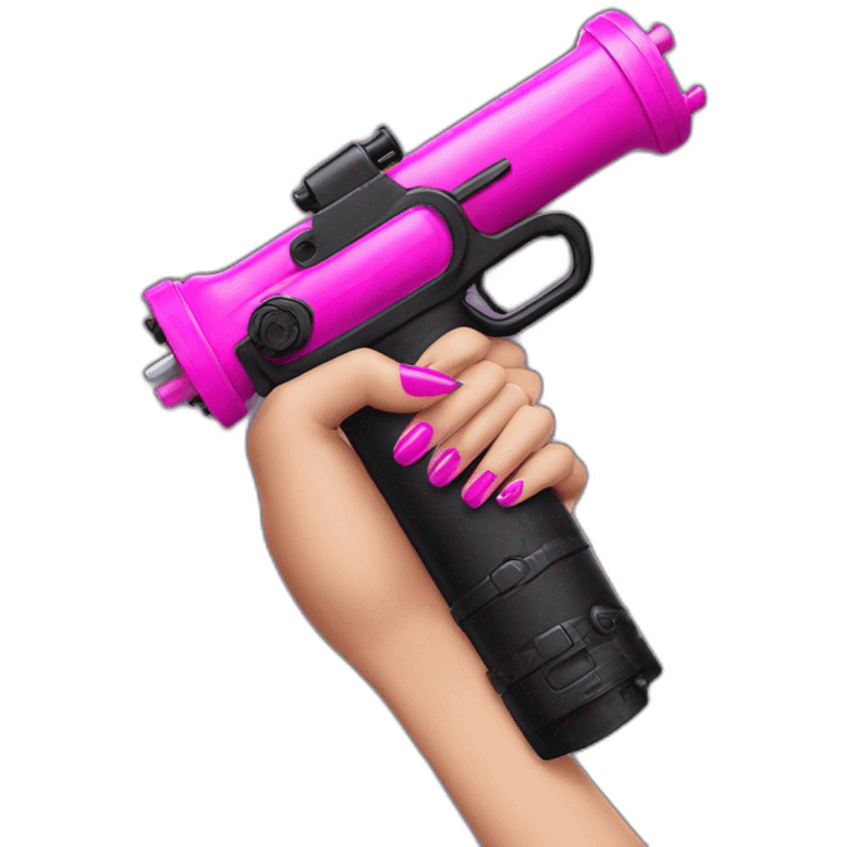 hand with pink nails holding large scary black water gun emoji