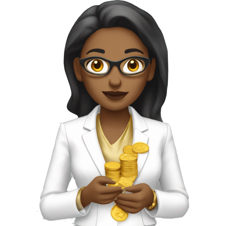 Posh-woman-with-white-suit-holding-golden-coins only upperbody emoji