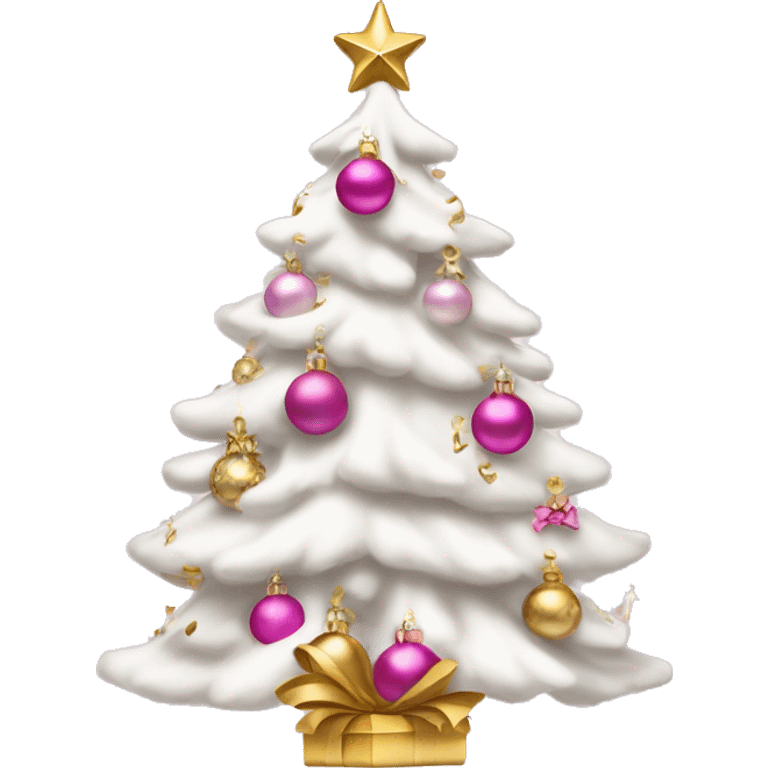 White Christmas tree with pink ornaments  and gold bows￼ emoji