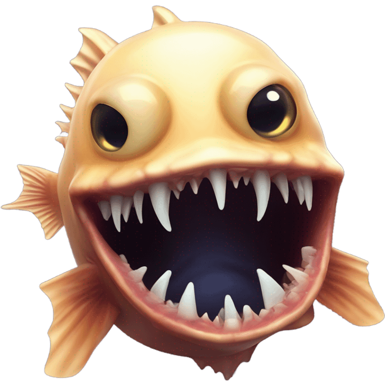 Anglerfish with a glowing lure hanging from its forehead, sharp teeth, and big eyes. emoji