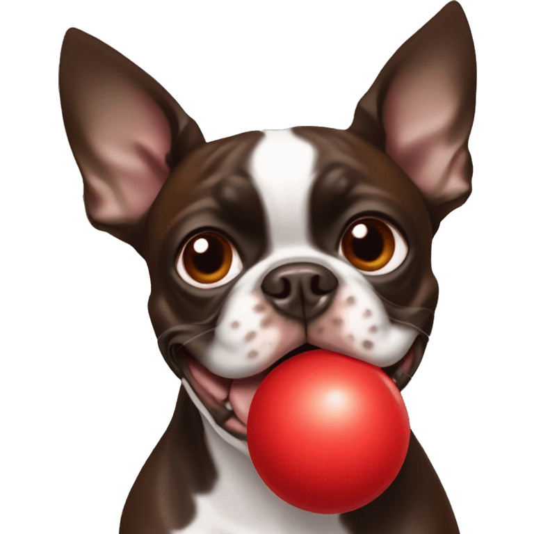 Brown Boston terrier with a red ball in his mouth emoji