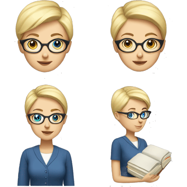 female Teacher with books glasses blonde pixie haircut blue eyes blouse emoji