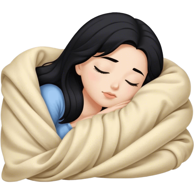 Girl sleeping with blanket, black hair, hair skin emoji