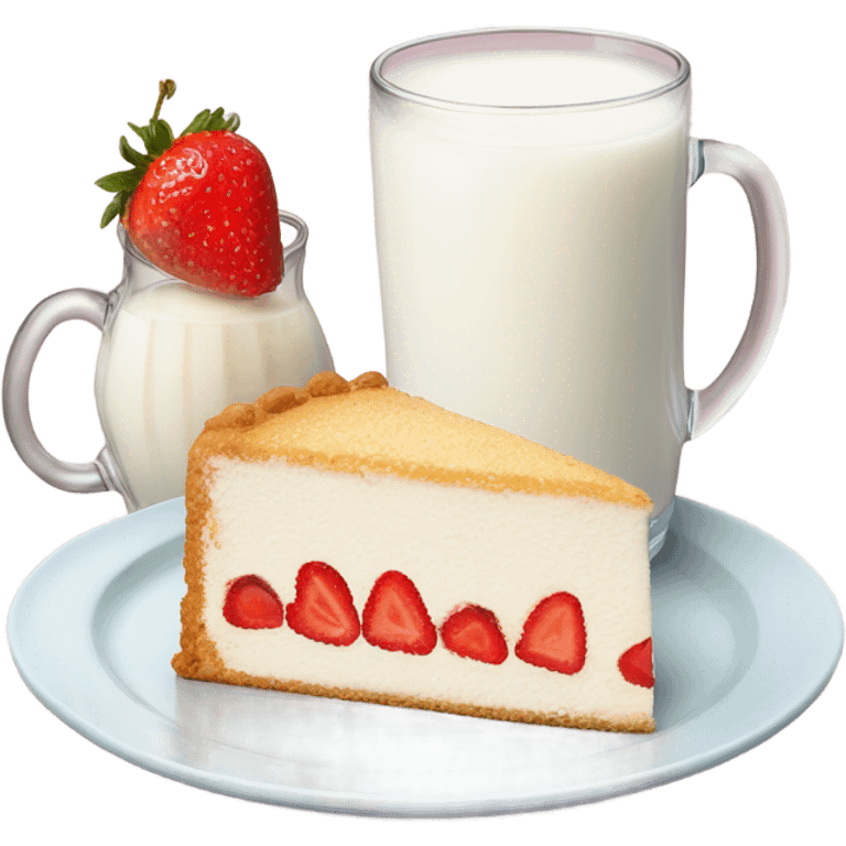 Milk at glass and vanilla strawberry cake at plate emoji