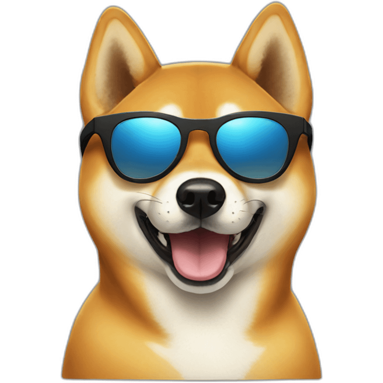 A shiba dog wearing black sun glasses and smiling emoji