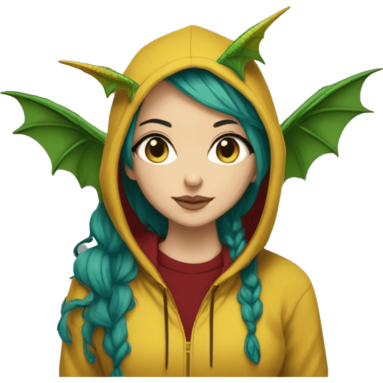 Lady with brunette and iridescent blue hair, hemp, gold, green dragon wings, maroon hoodie, 420, black and gold Nike t shirt, and bright red eyes emoji