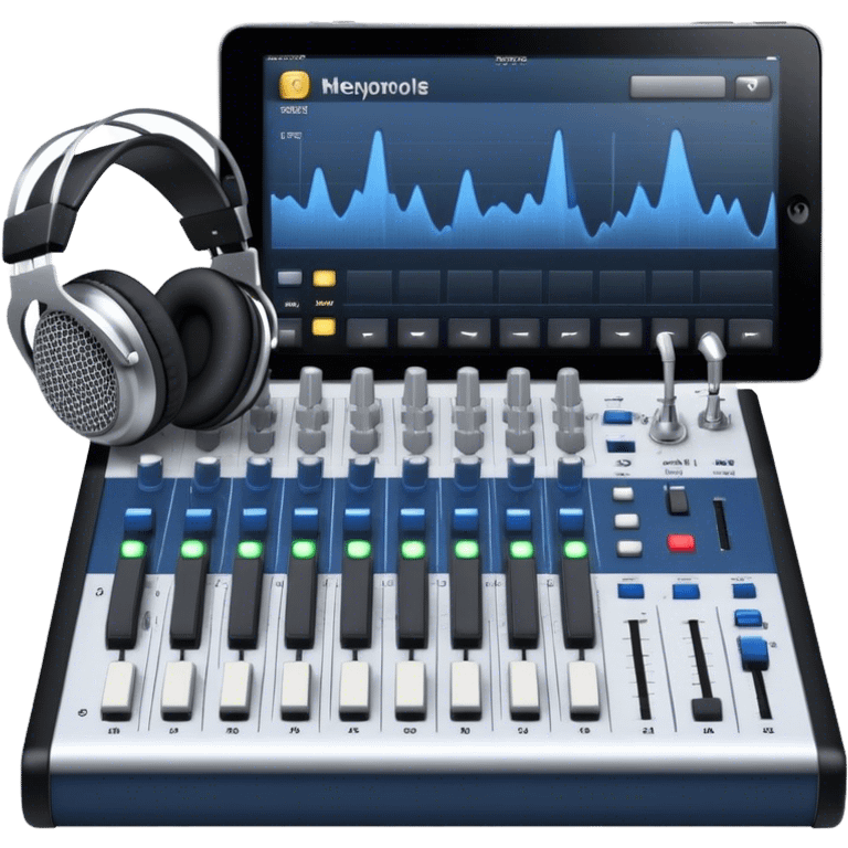 Create a professional and technical emoji that represents sound engineering. The design should feature a sound mixing console with faders, a pair of studio headphones, and audio waveforms to symbolize the precision and technicality of sound mixing and mastering. Include elements like a microphone or audio cables to reflect the recording aspect. Use colors like silver, black, and dark blue to represent the technical, yet artistic side of sound engineering. The background should be transparent. emoji