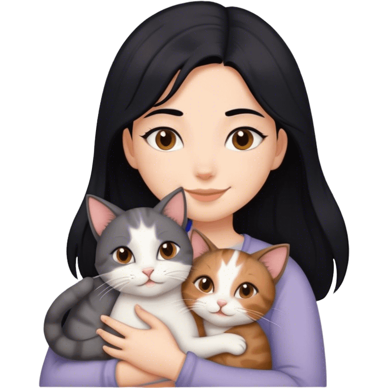 happy girl with black hair hugging three cats  (carey cat, gray cat, brown calico cat) emoji