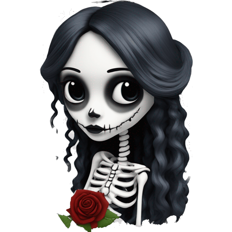 full height skeleton, tim burton "corpse bride", thin porcelain doll with a cracked face, goth makeup watery eyes, long hair, lace and ruffles, lolita style, inked, black and white, red roses, gothic castle with roses emoji