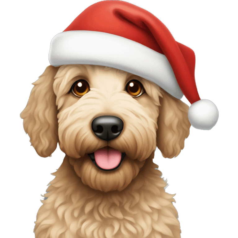 Labradoodle with brown eyes wearing Santa hat emoji