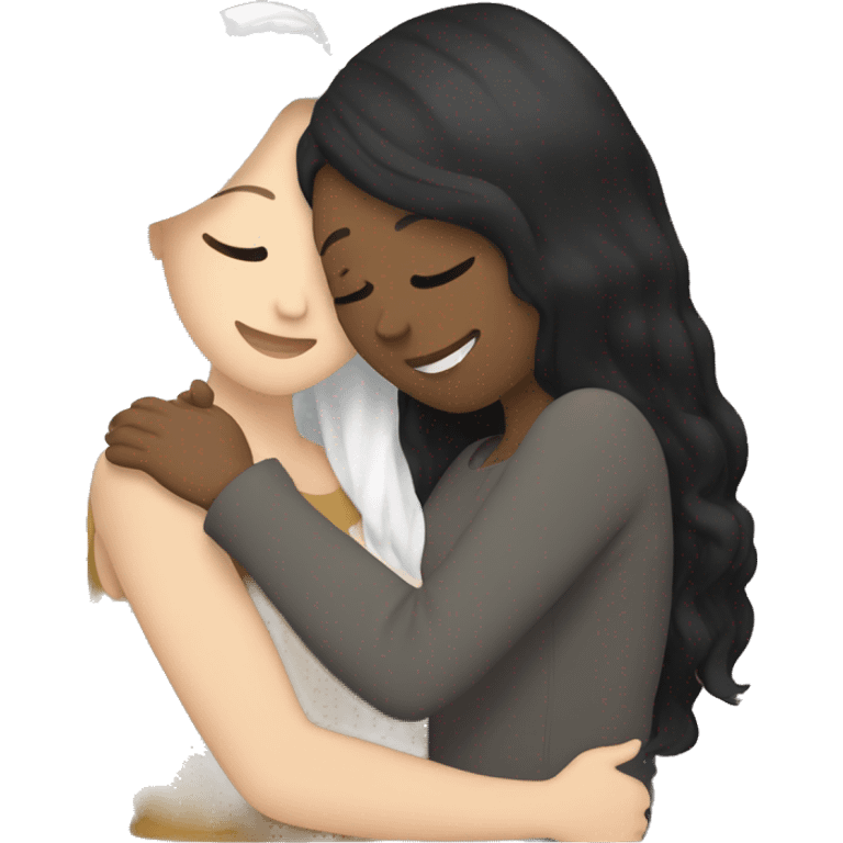 A lesbian couple that both have white skin and long black hair are hugging intimately, and romantically. emoji