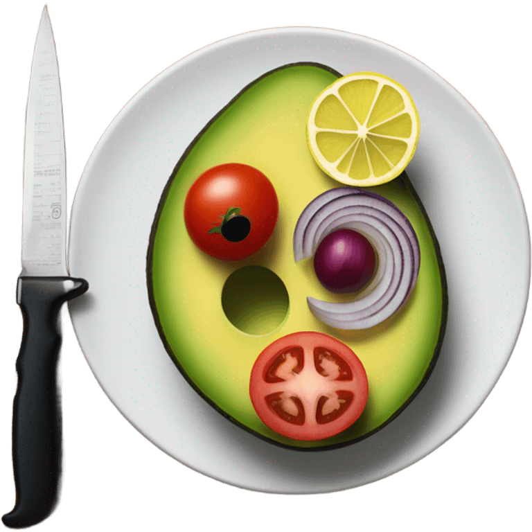 cut vegetables ( avocado , tomato , red onion ,lemon )   on the dark wood kitchen desk by knife .Do it very beautifully  emoji