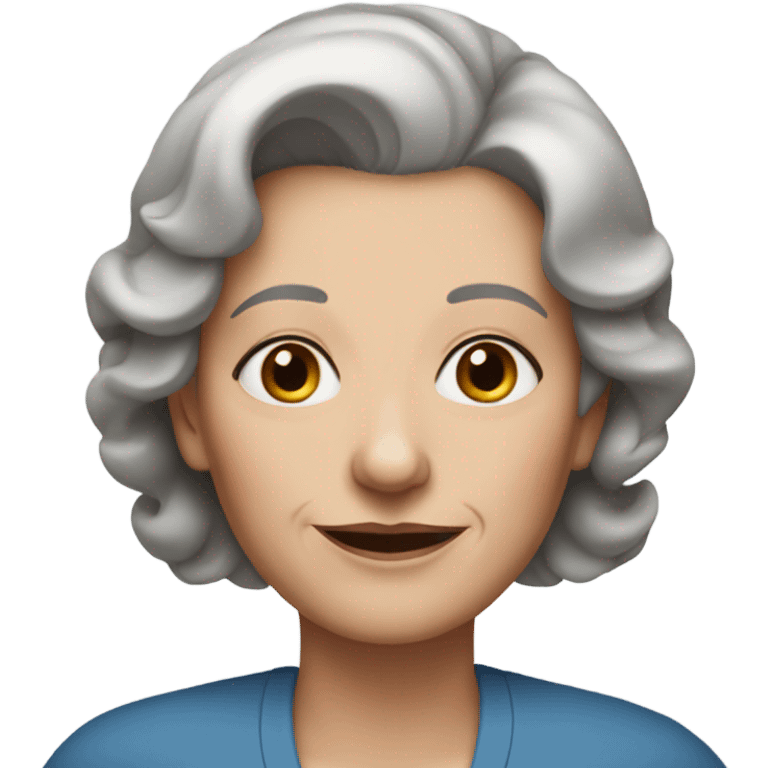 portrait of a older woman with blue eyes, brown hair and a few silver highlights  emoji