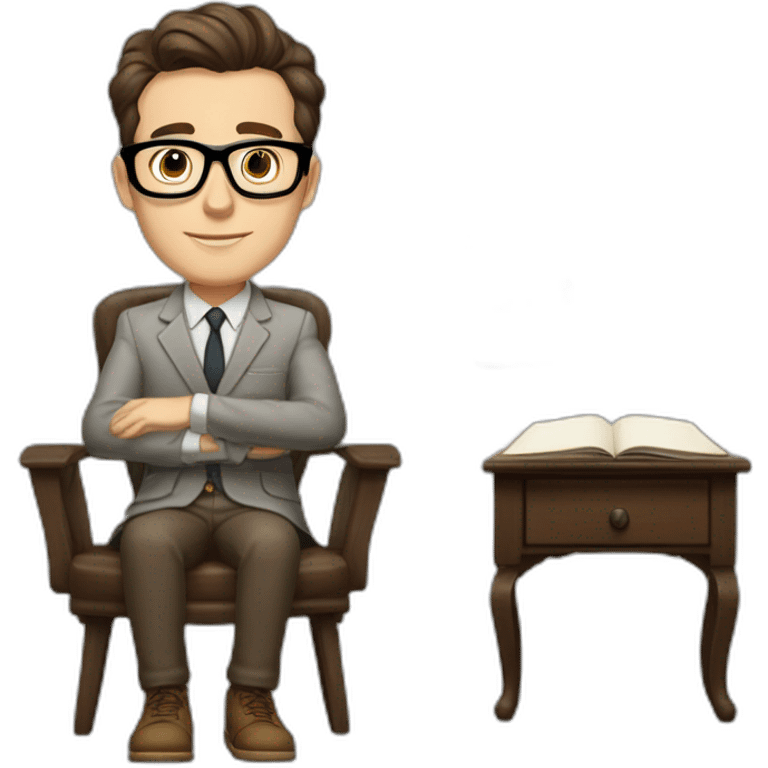 Pale skinned Fit Man With dark brown hair in gray jacket, beige office shirt, Brown pants and vintage glasses sitting In a soft chair with a notebook on spring with emblem Ψ and a pen emoji