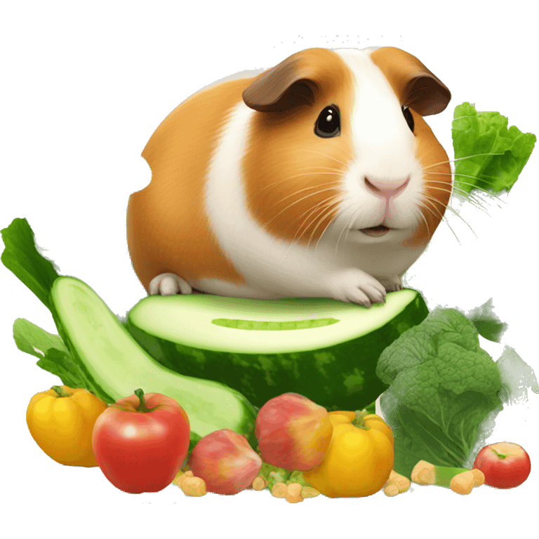 Guineapig playing on a pile of veggies and fruit with a piece of cucumber in his mouth emoji