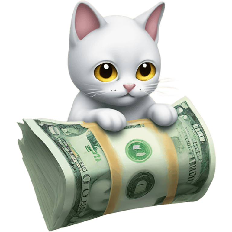 2D cartoon of cat riding banknote above financial graph emoji