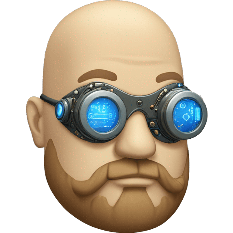 Bearded Fat bald cyborg head with tan skin, blue steampunk goggles and circuits emoji