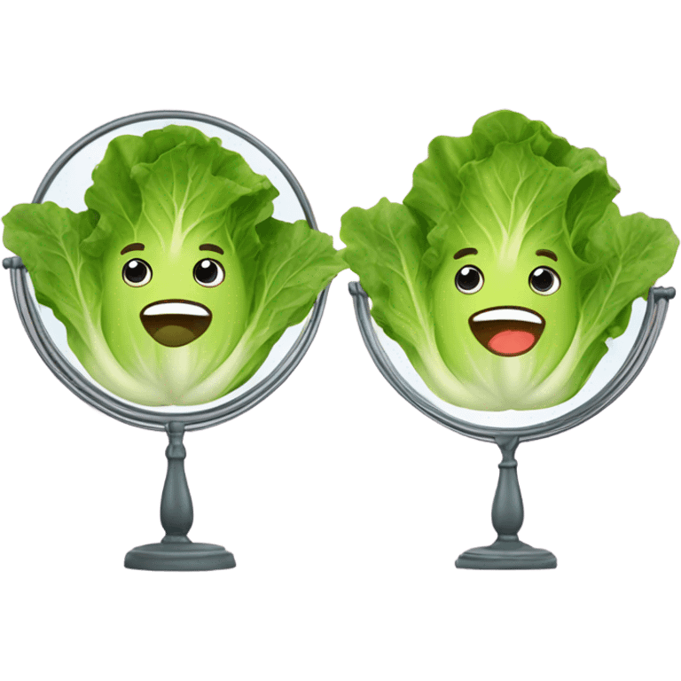 lettuce with a happy face holds a mirror in his hand and looks at it emoji