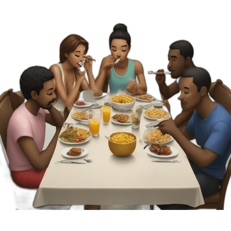 Group of friends eating at a table while smoking sigarets emoji