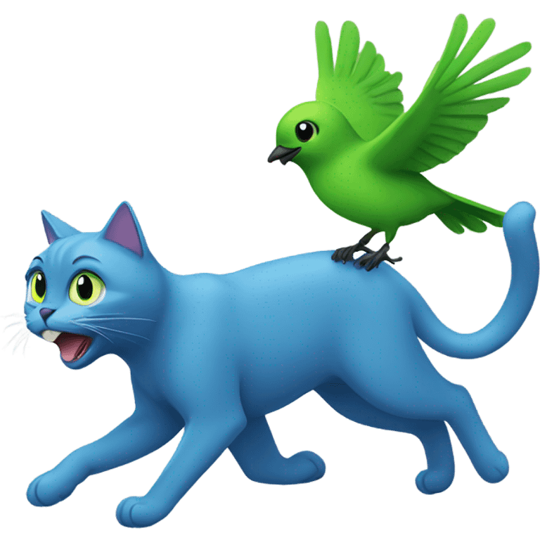 Blue cat chasing a green bird. emoji