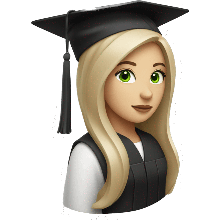 Long brown hair white woman with black graduation hat and green eyes emoji