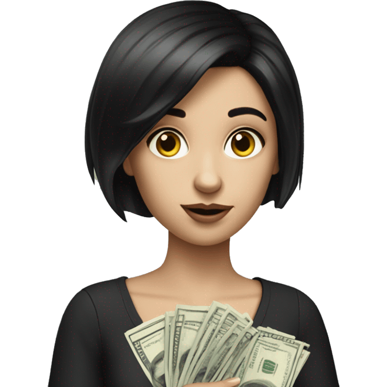 hyperrealist caucasian girl black short hair holding money emoji