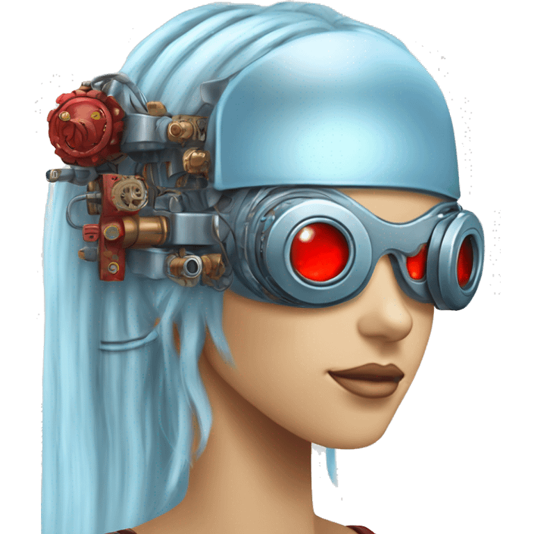 Light blue long hair female cyborg head with red steampunk goggles and circuits emoji