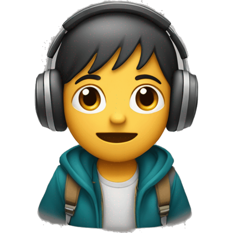 Niño cantando con auriculares al frente de un portátil  emoji