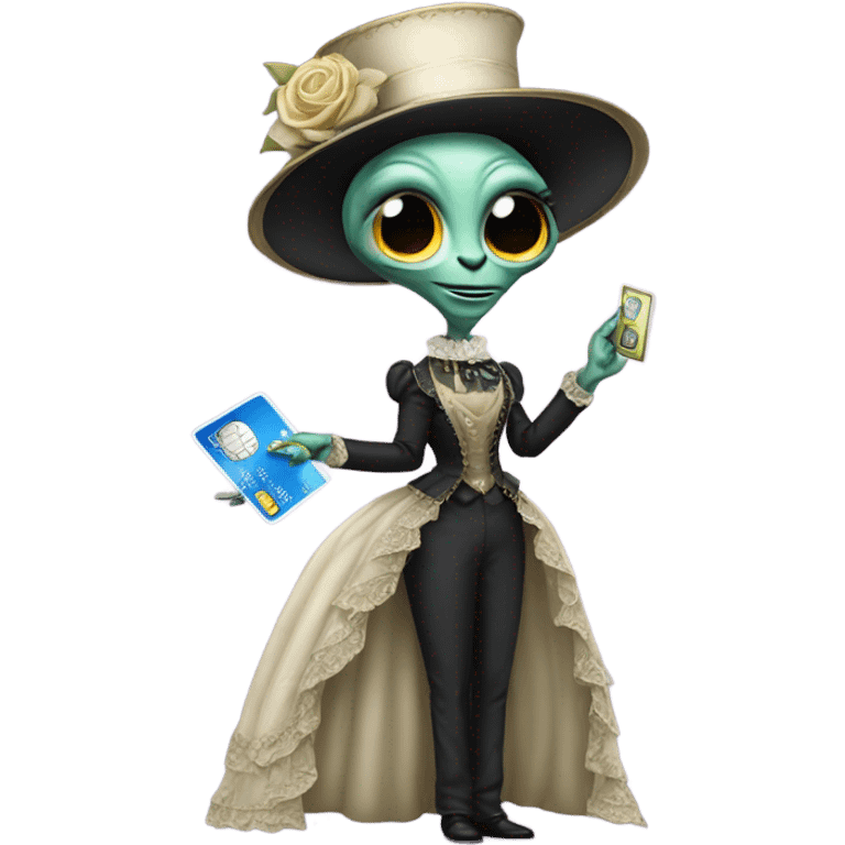 alien galora in Victorian dress elegant, full body, holding big credit card emoji