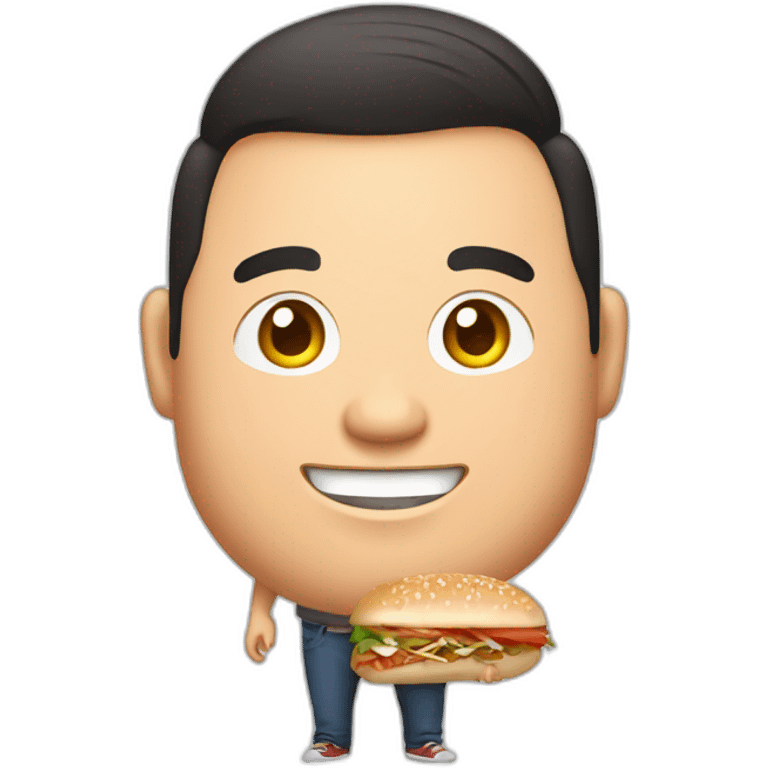 A chubby brunette Asian man smiles and holds a doner emoji