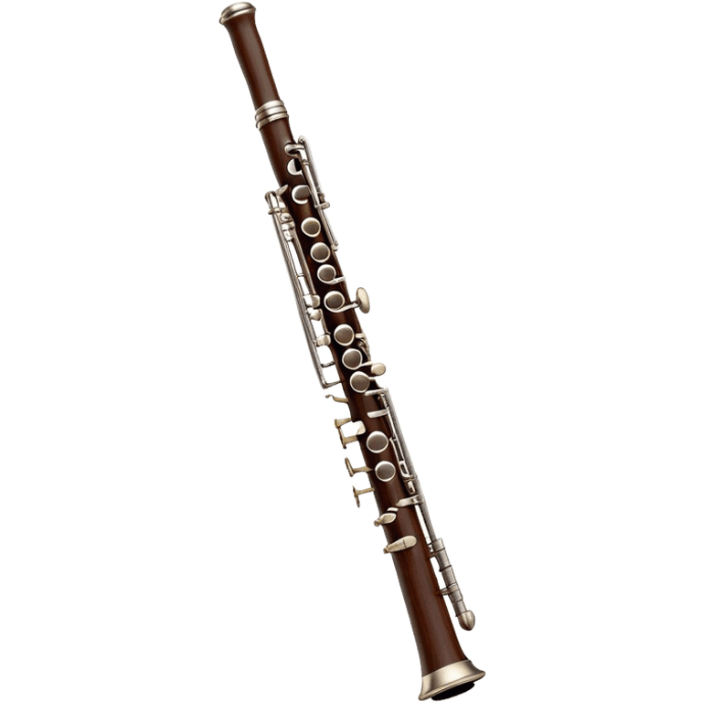 Cinematic Realistic Oboe, slender and elegant dark wood body, silver-plated keys catching soft highlights, delicate reed resting at the top, glowing with refined and classical beauty. emoji