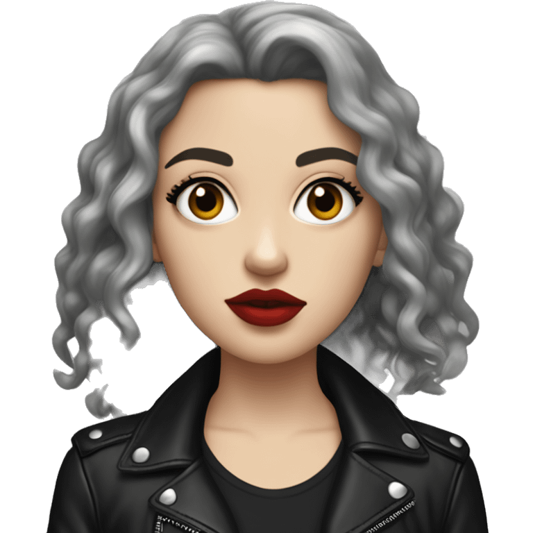 White girl, with long curly black hair, with red lipstick, black winged eyeliner, wearing black shirt and black leather jacket shrugging her shoulders emoji