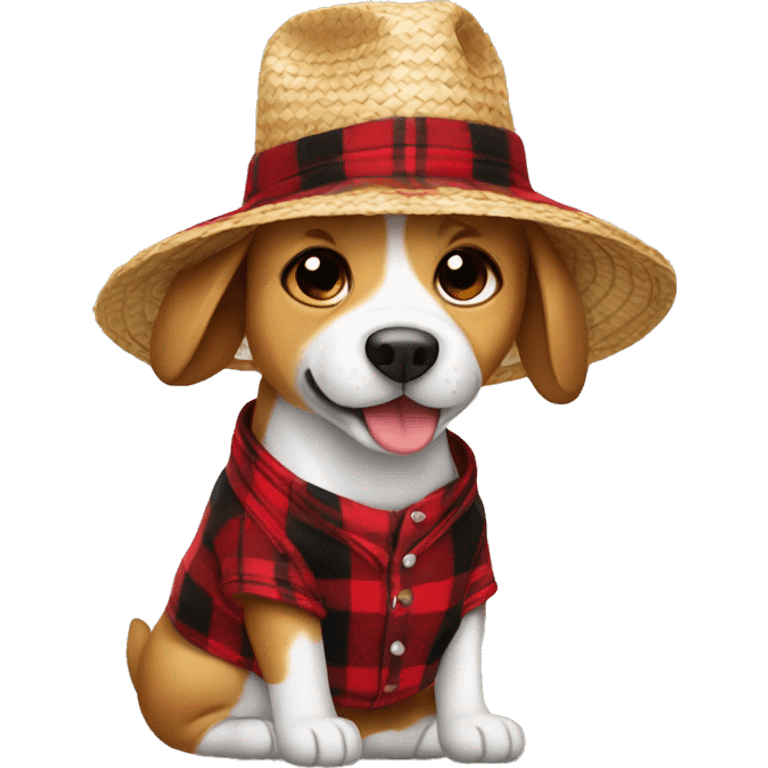 dog happy with straw hat and red plaid outfit emoji