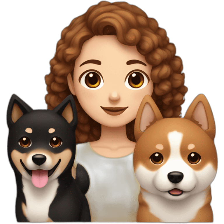 curly browned hair girl with a black shiba inu and a normal shiba inu emoji