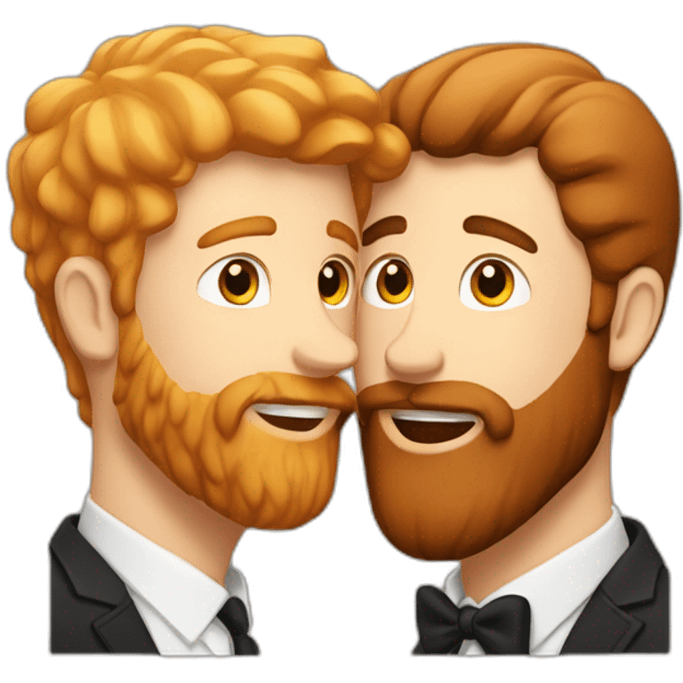 White guy with brown hair and ginger beard kissing a white guy with black hair color emoji