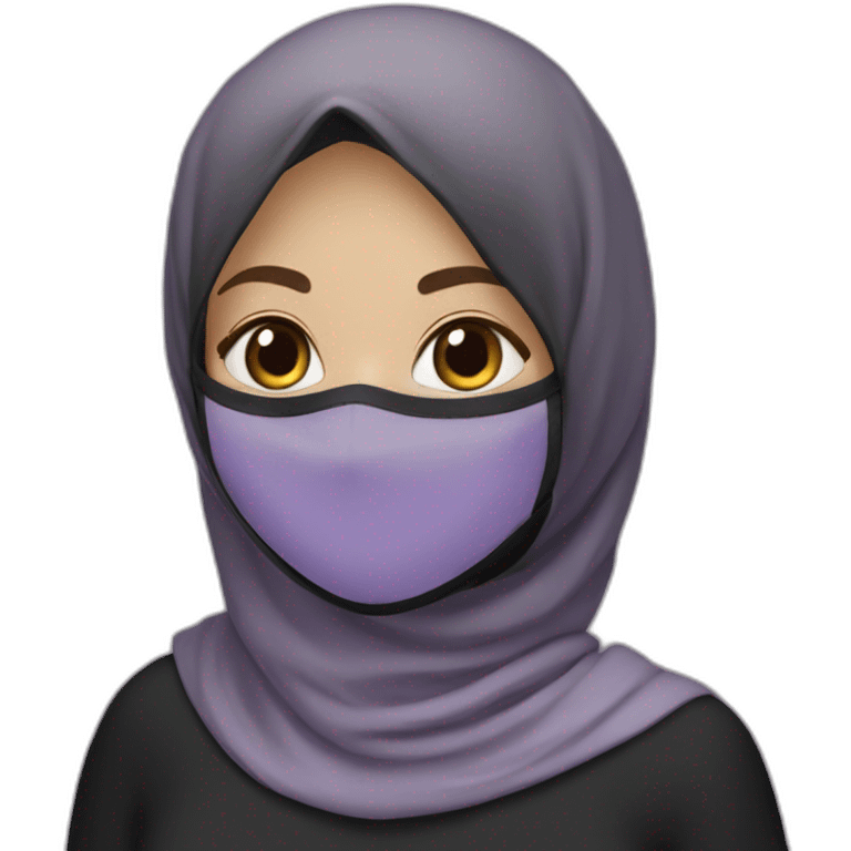 Emoji , girl , black hijab , black N95 mask ,creamy white, soft purple .  emoji