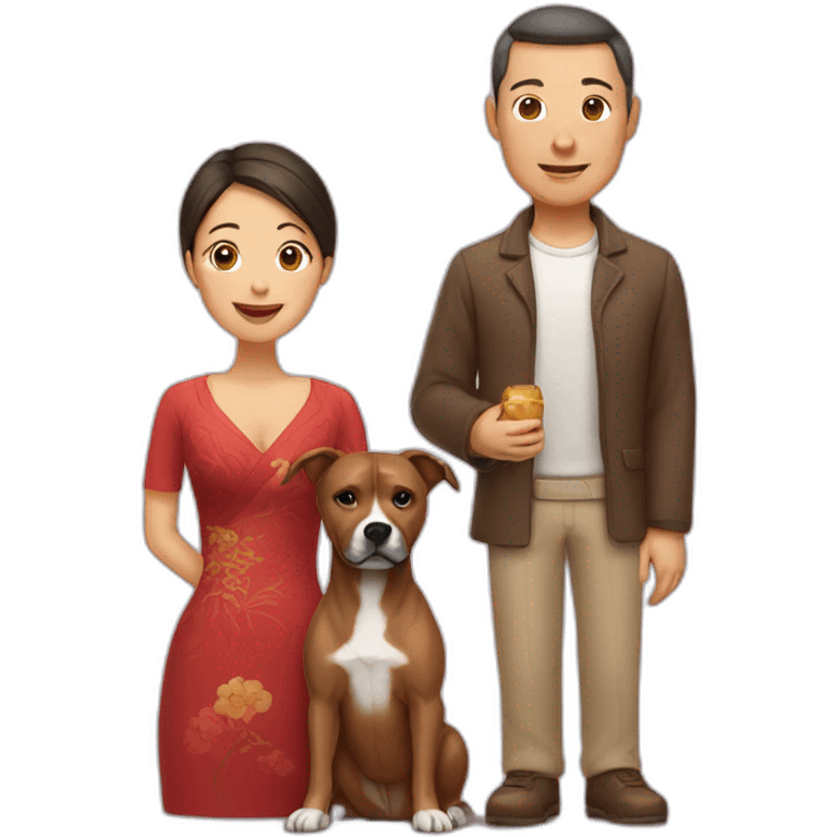 man and Chinese lady with brown Staffordshire terrier dog emoji