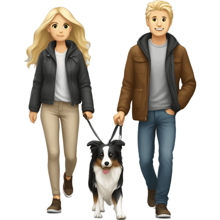 Blond white couple (long hair girl) walking tricolor border collie emoji