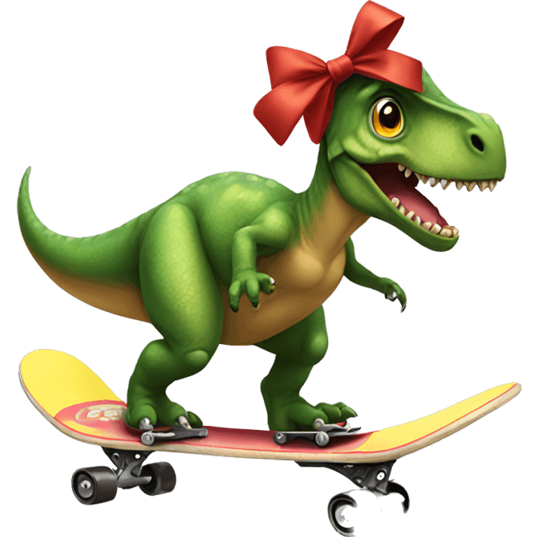 Dinosaur wearing a bow skateboarding  emoji