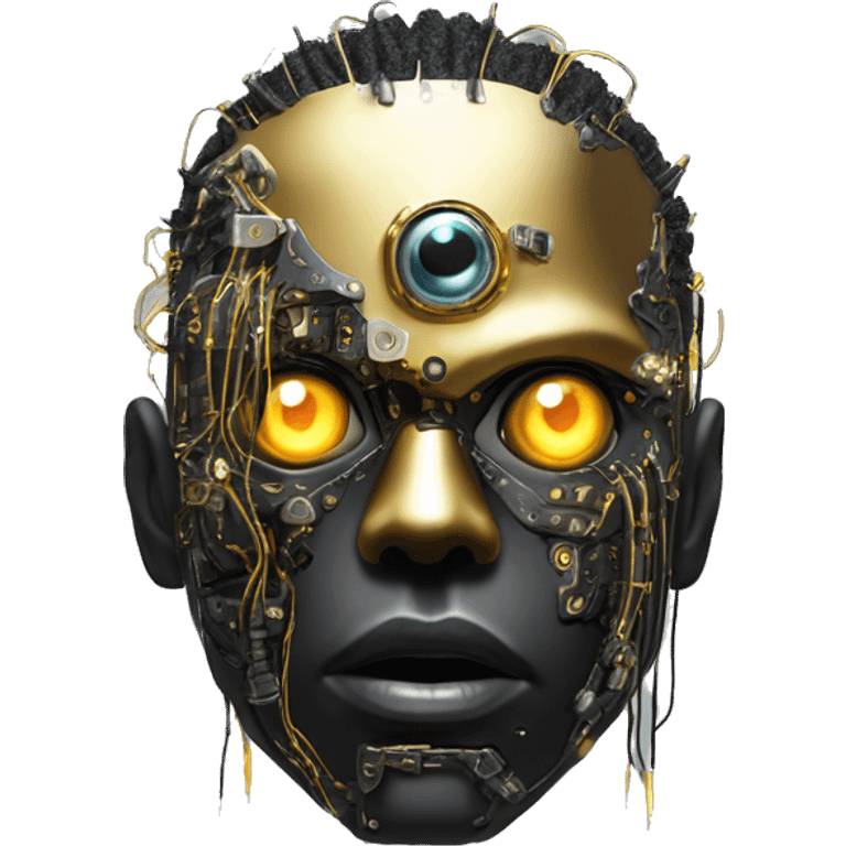 black metal male cyborg head with artificial eyeball, circuitry and wispy yellow gold hair emoji