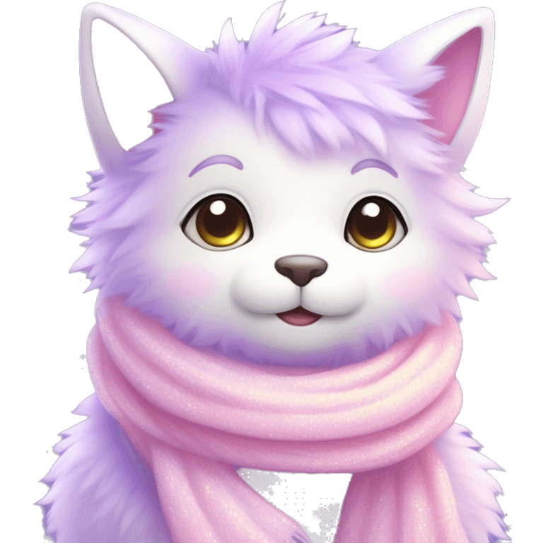 Kawaii cute gorgeous colorful sparkly bright light pastel lilac-pink-white-gradient fantasy ethereal fluffy fursona animal creature with a cute scarf emoji