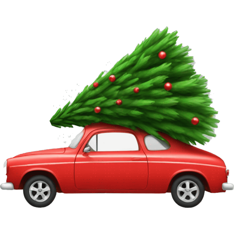 Red car carrying Christmas tree emoji