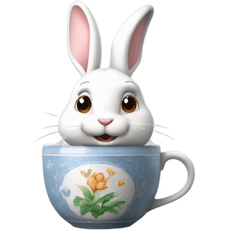 A cute white rabbit sits drinking tea from a beautiful ceramic mug. emoji