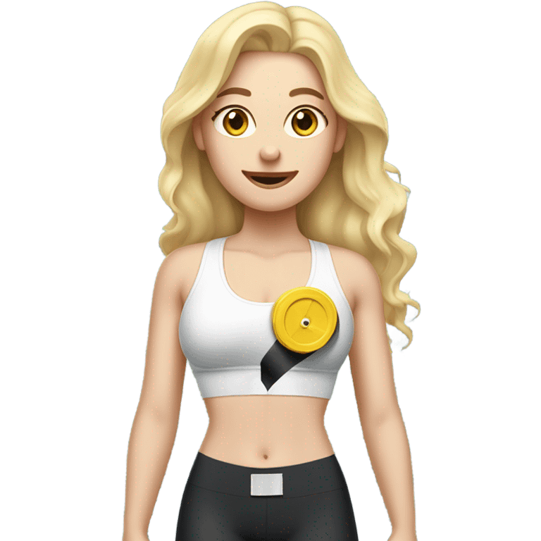 Woman, white skin, pale skin, long hair, blonde hair, wavy hair, standing, sports bra, leggings, tape measure wrapped around waste emoji