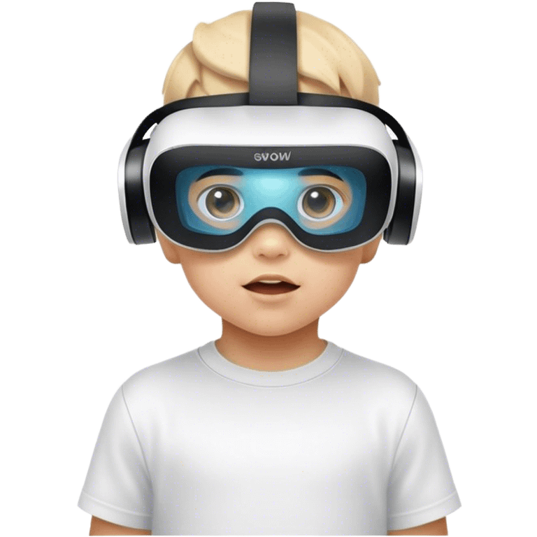 Child wearing virtual reality glasses, with a curious and engaged expression, exploring the digital world through VR technology. emoji