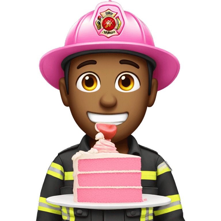 White male Firefighter eating pink birthday cake emoji